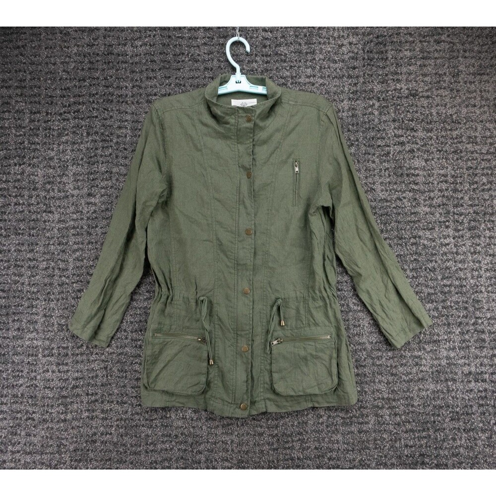 Artisan NY Jacket Womens Small Green Full Zip Snap 100% Linen Utility Field